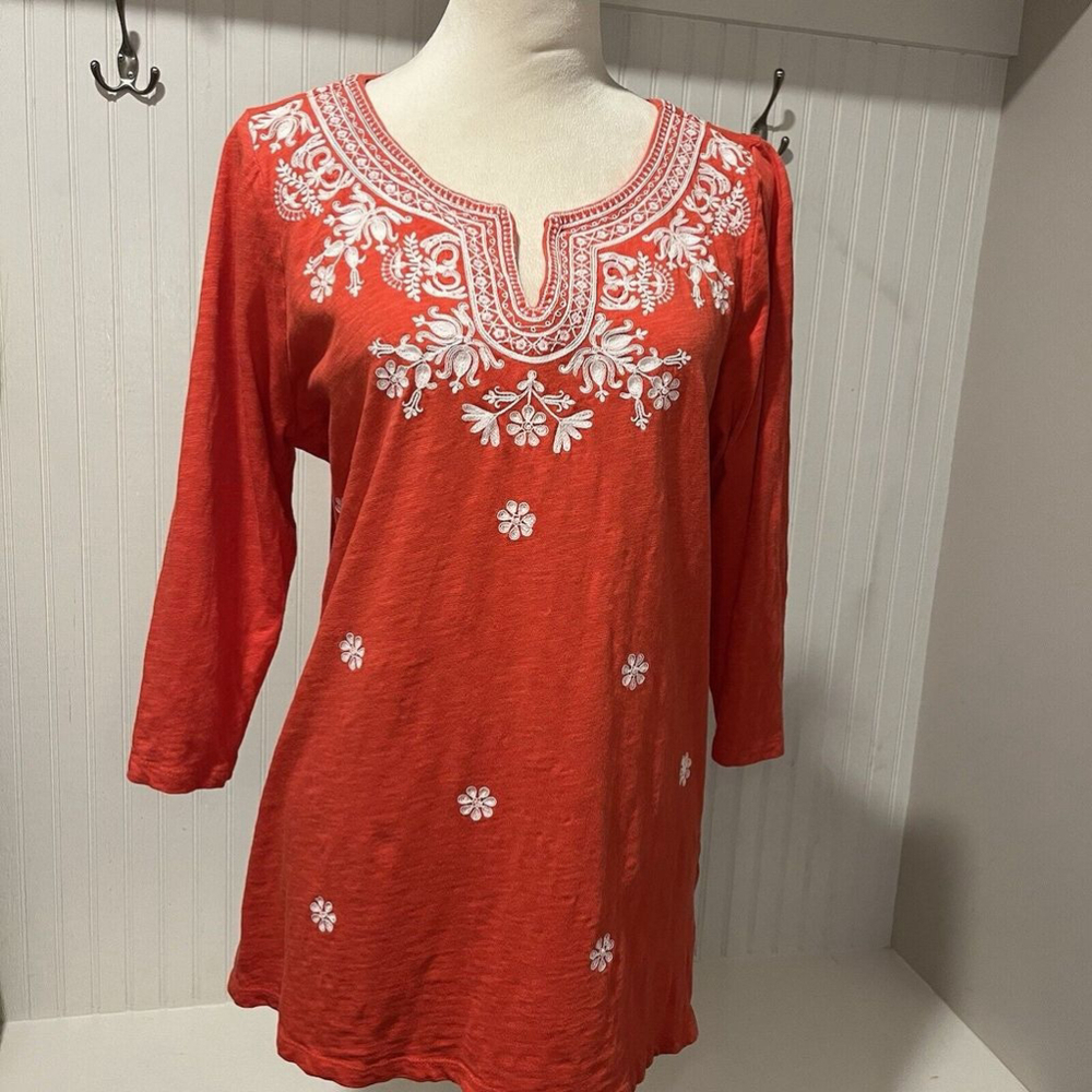 Talbots Embroidered Split Neck Tunic Coral Orange 3/4 Sleeve Cotton Plus Size 1X